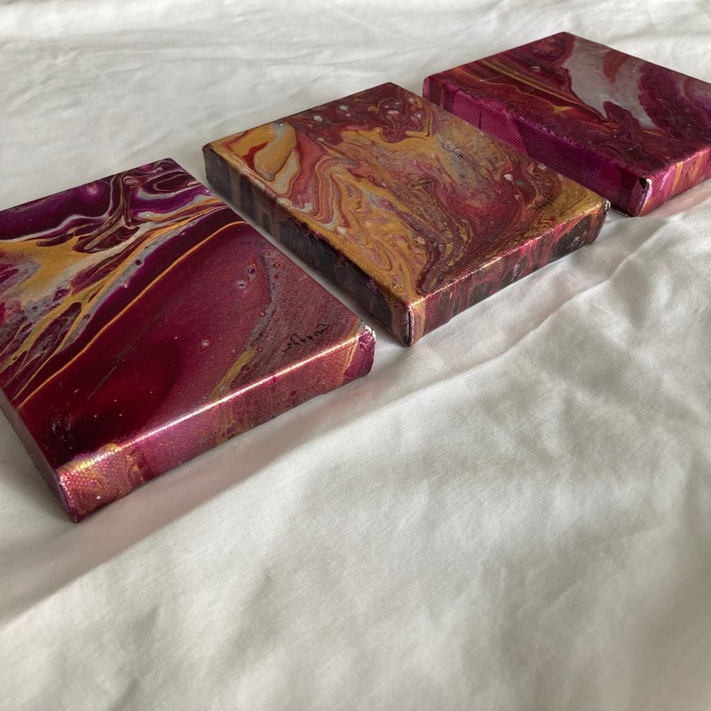 Magenta Triptych, Original Acryllic Paintings on Mini Canvases by Noora Elkoussy